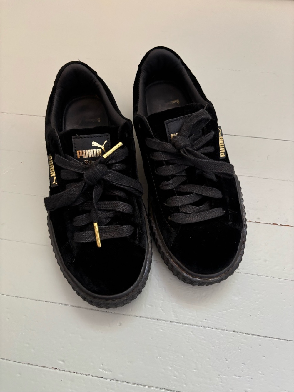 Puma | Fenty Black Velvet Platform Sneakers with Gold Accents